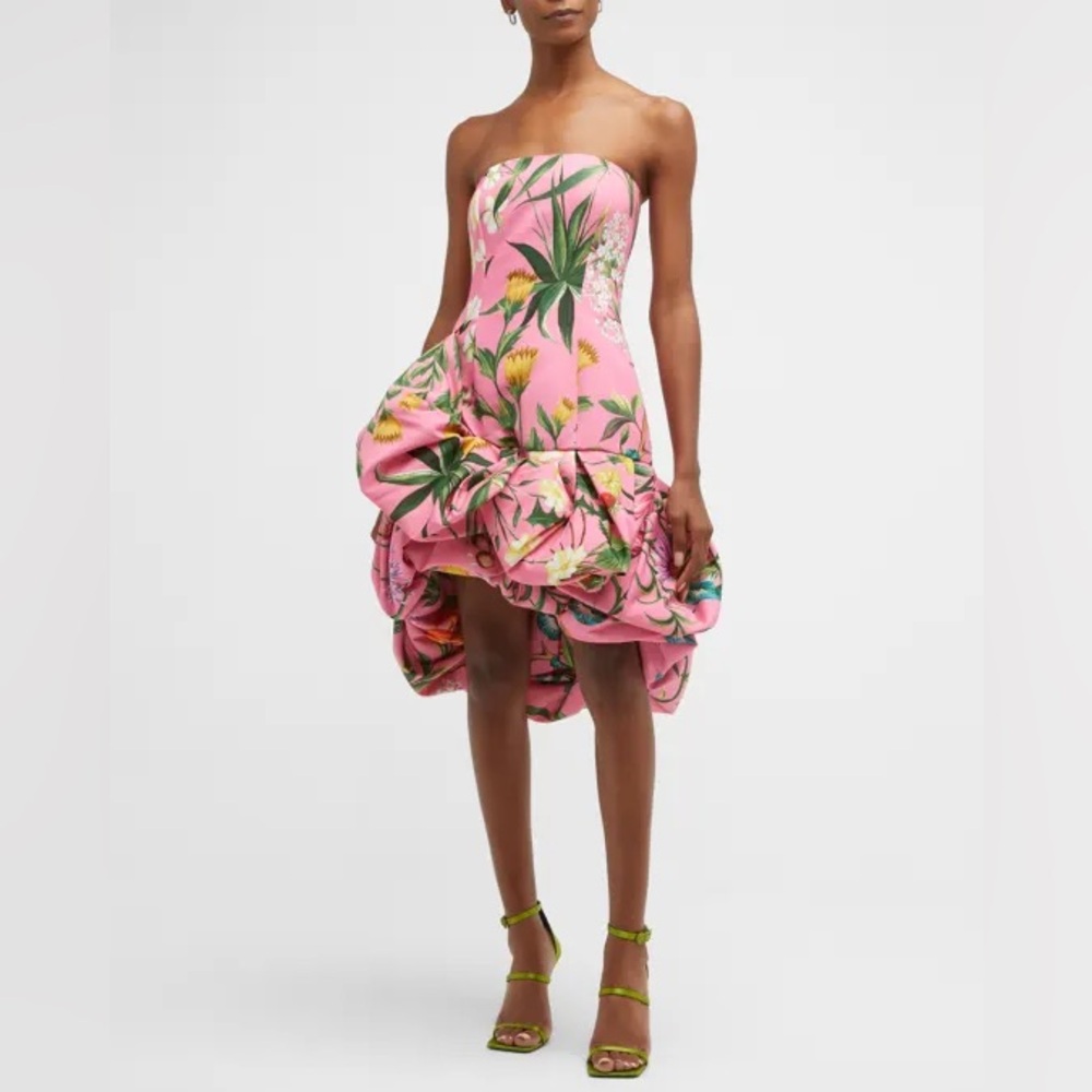 Oscar de la Renta Floral Tapestry-Print Draped Balloon-Hem Dress